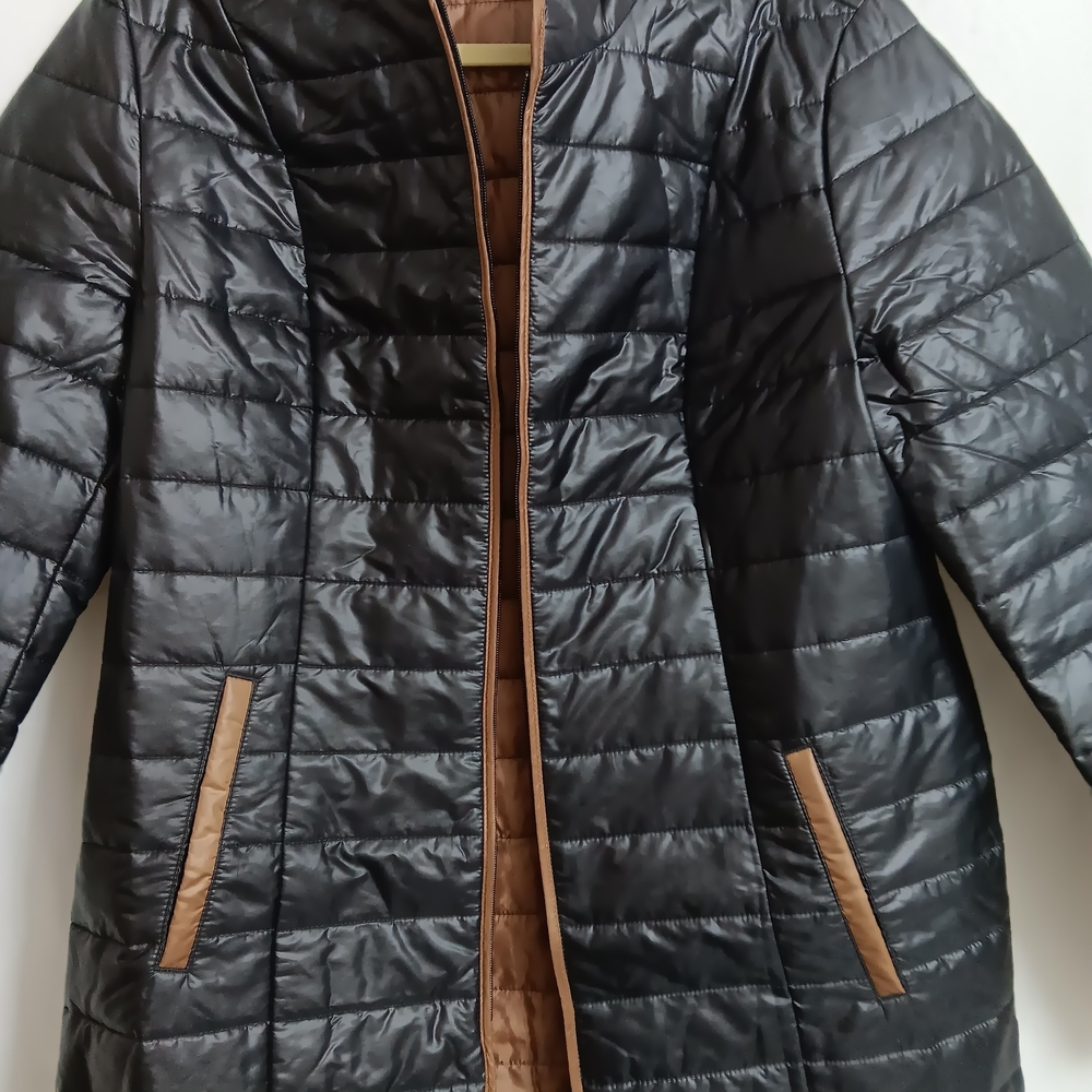 AproductZ GmbH German Brand, Women's Black Quilted Puffer Coat with Tan Trim